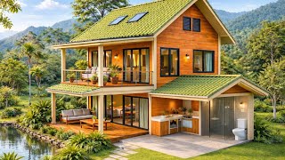 The young couple built a two-story wooden house together, with cozy interior and kitchen.