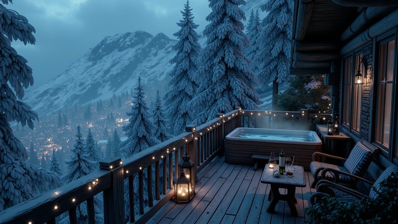 Уютная Зимняя Джазовая Музыка ~ Атмосфера Снежной Горной Хижины и Отдых в Джакузи