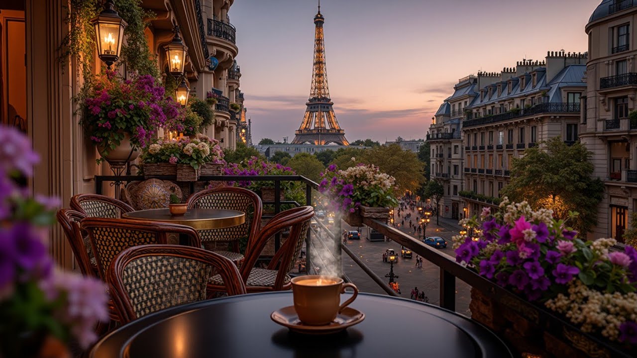 Мечтательная Парижская Ночь Джазовая Атмосфера ~ Уютное Кафе Пианино и Виды на Эйфелеву Башню