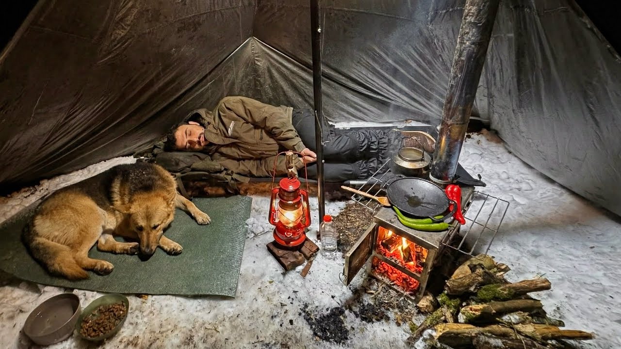 Кемпинг в тёплой палатке во время сильного снегопада ❄️ Зимнее приключение с моей собакой