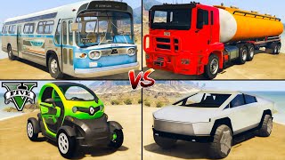 Tesla Cybertruck vs Renault Twizy vs MTL Truck vs Vintage Bus - GTA 5 Car Mods Which is best?