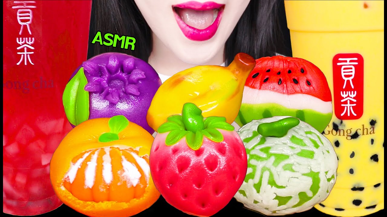 ASMR FRUIT RICE CAKES, BOBA BUBBLE TEA 과일 화과자, 버블티, 밀크티 먹방 EATING SOUNDS