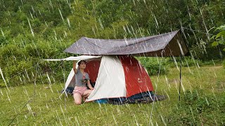Solo camping in heavy rain, pouring rain, relax with the sound of falling rain