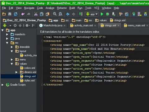 ES Divine Poetry Editor .xml files strings and activity_main