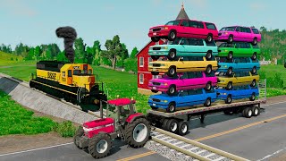 🚛 Double Flatbed Trailer Truck vs Speedbumps Train vs Cars | Tractor vs Train | BeamNG Drive
