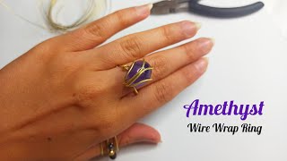 Wire Wrapping ring with Amethyst Stone - Simple Beginner Cabochon Wire Wrap ring