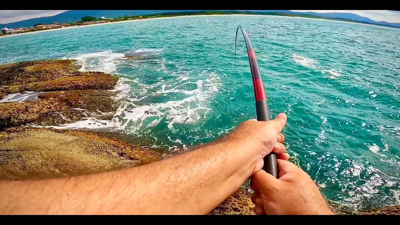 QUASE QUEBROU A VARA! Pesca com varão de mão nas pedras da Barra da Lagoa!