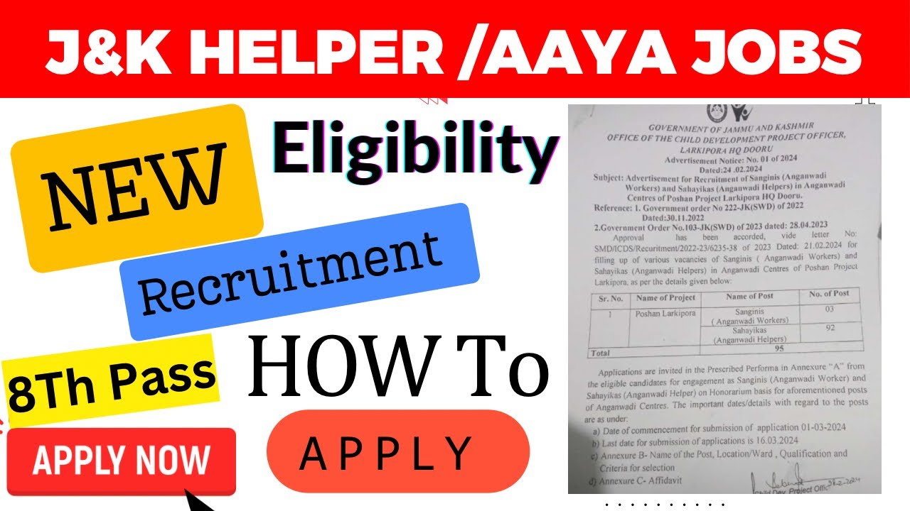 J&K Helper/Aaya Recruitment 2024 8th Pass | District-wise Vacancy ...