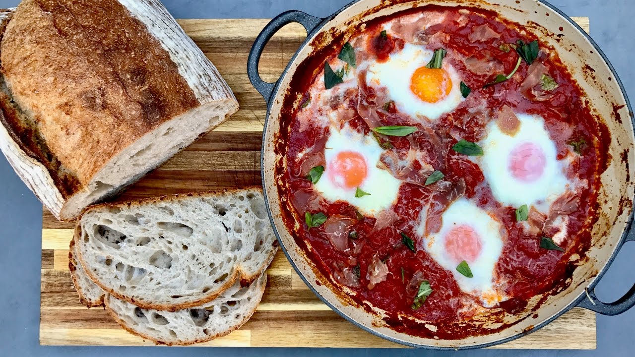Tomato baked Eggs with basil and parma ham. YouTube
