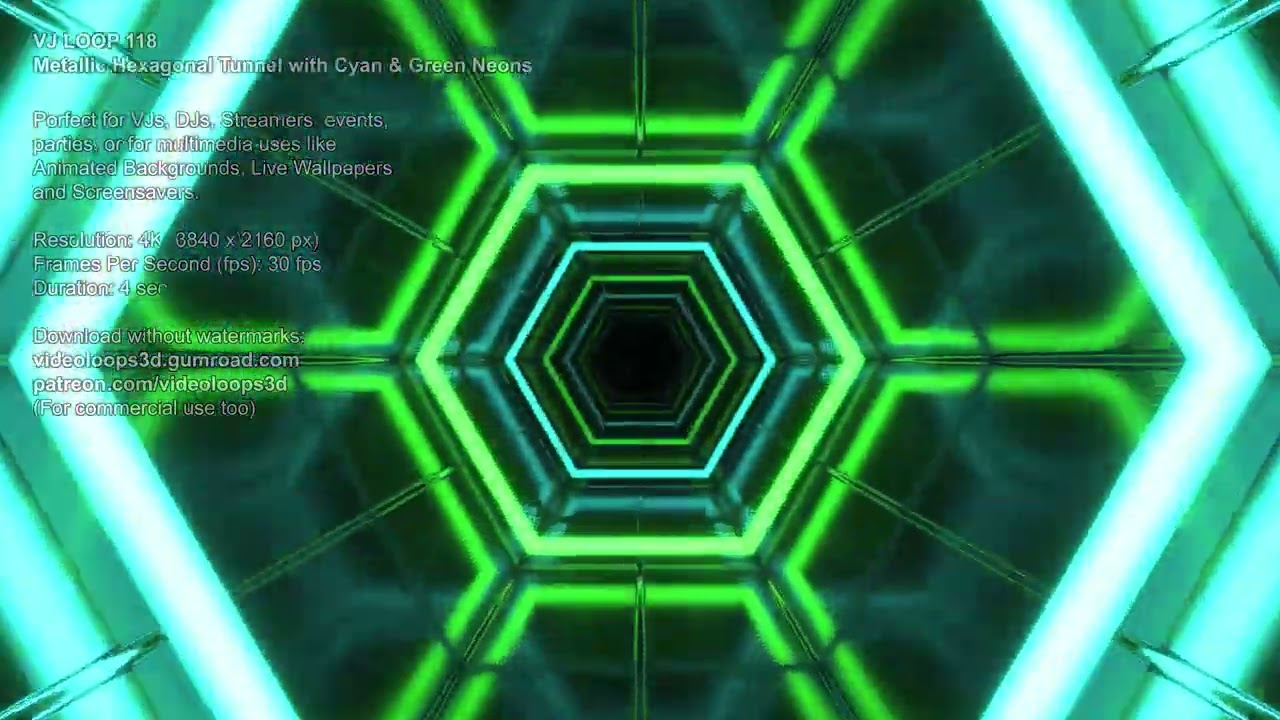 Metallic Hexagonal Tunnel with Cyan & Green Neons | 4K | 