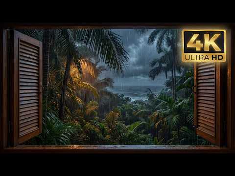 4K Projector Window View: Rain Sounds for Deep Sleep 🌧️ Tropical Jungle Rain Ambience.