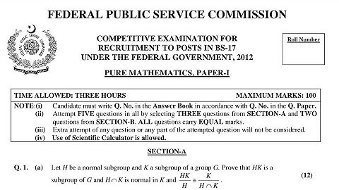 CSS PAST PAPERS - 2012 - PURE MATHEMATICS - PAPER 1 - OPTIONALLY SUBJECT  (GROUP 2)