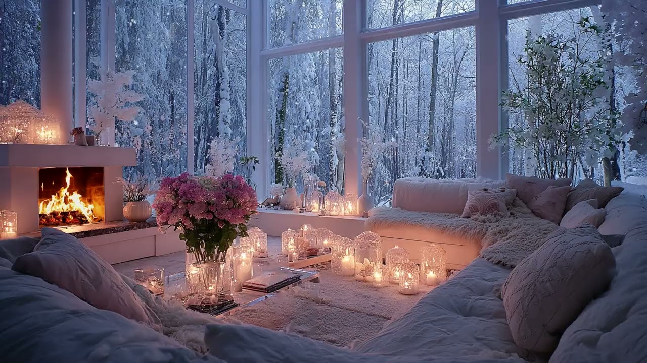 Cinematic Winter Living Room Ambience with Snowy Forest View, Crackling Fireplace and Wind Sounds