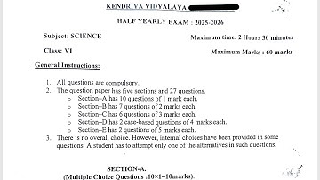 Class-6 Science / Half Yearly Exam 2025-2026 Question Paper Term-1 For KENDRIYA VIDYALAYA Students 