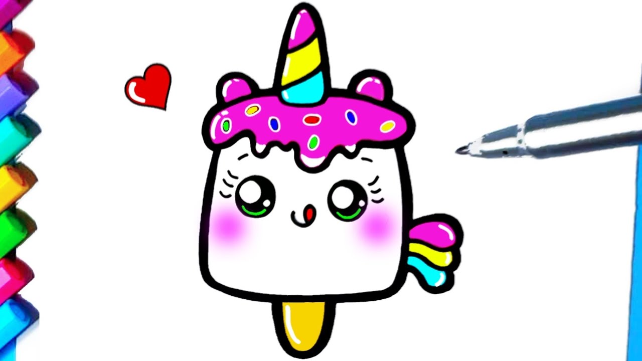 Desenho de unicórnio fofo com doce de sorvete kawaii darwn