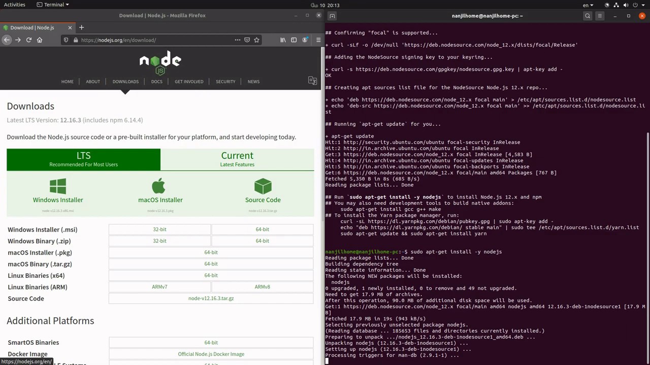 Installing NodeJS 12.16.4 LTS in Ubuntu 20.04 Focul 