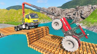 Tractor, Crane Truck Rescue Log Bridge - BeamNG.Drive screenshot 1