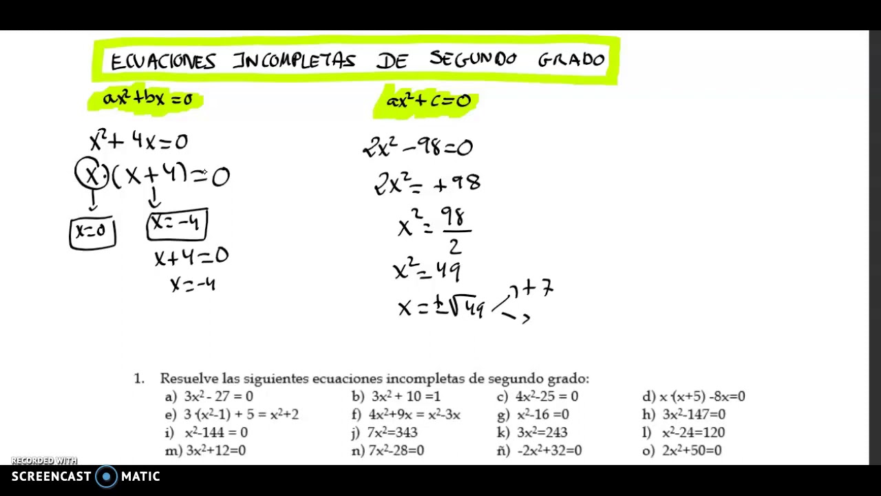 Ecuaciones Incompletas De Segundo Grado Youtube