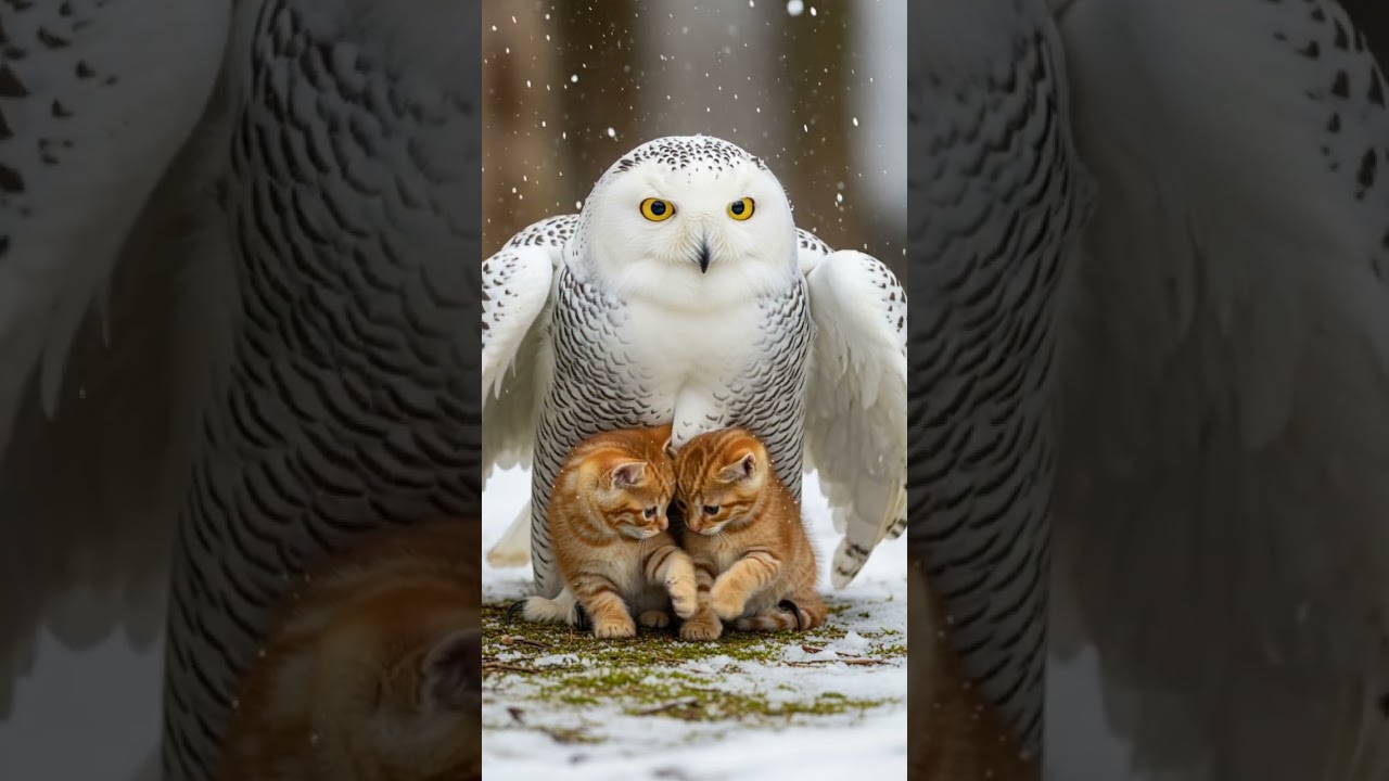 A Snowy Owl Shelters a Freezing Kitten in the Heart of Winter 