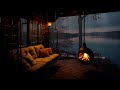 Rain on porch with cozy fireplace  siting by lakeside on rain day helps to beat insomnia  relax