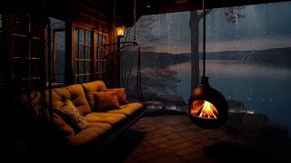 Rain on Porch with Cozy Fireplace | Siting by Lakeside on Rain Day helps to Beat Insomnia & Relax