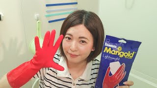 ハプニング有　マリーゴールド　ゴム手袋でフロアマットを手洗いでお洗濯　Marigold rubber gloves are used to wash the floor mat by hand.#75