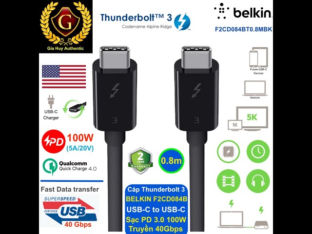 Cáp Thunderbolt™ 3 BELKIN F2CD084BT USB-C to USB-C 100W 40Gbps dài 0.8m