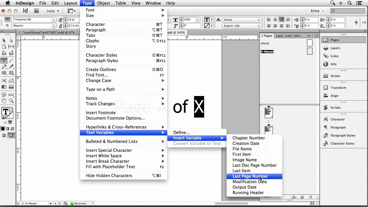 page numbers in indesign