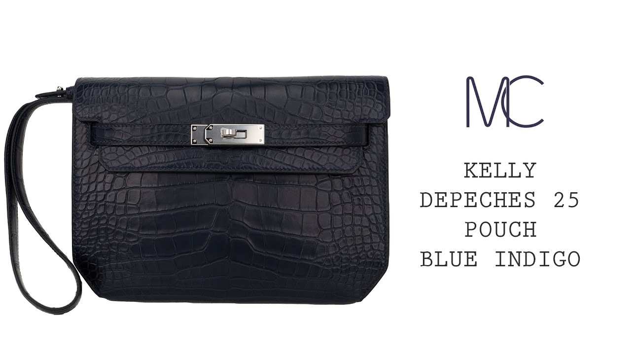 Hermes Kelly Depeches 25 Pouch Blue Indigo Matte Alligator Palladium  Hardware • MIGHTYCHIC • 