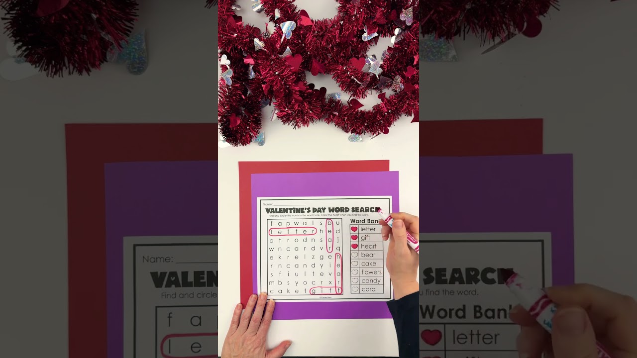 Valentines Day word search puzzle for kids 