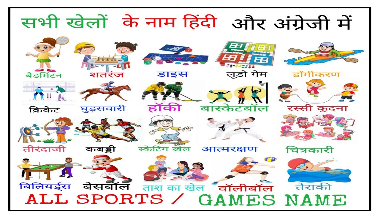 Sports Games Name In English Hindi With Pictures ख ल क न म अ ग र ज व ह न द म च त र सह त Youtube