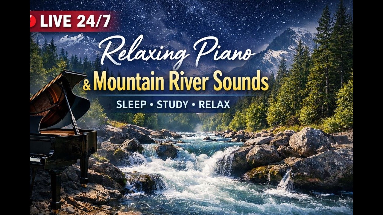 🔴 LIVE 24/7 • Relaxing Piano Music & Mountain River Sounds • Sleep, Study, Relax