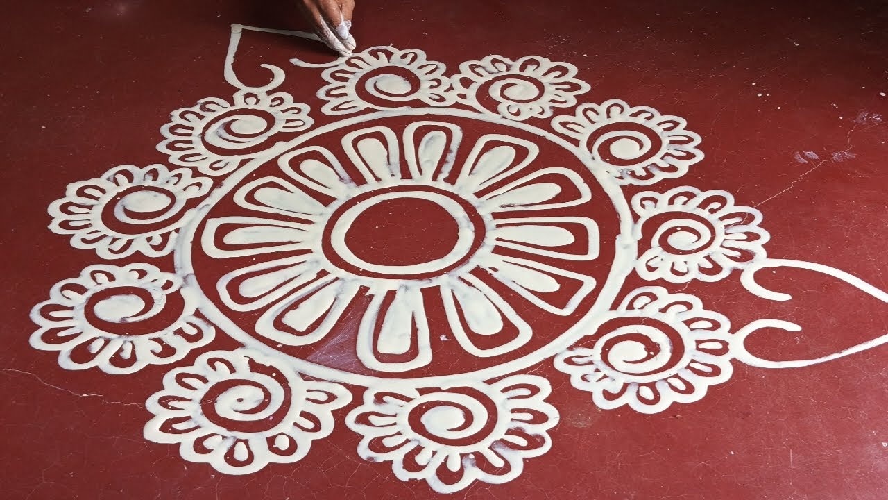 step by step big round flower rangoli designs from alpona creator