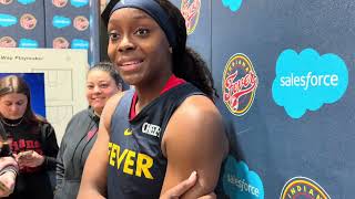 Indiana Fever rookie guard Raven Johnson speaks to reporters before Fever training camp day two
