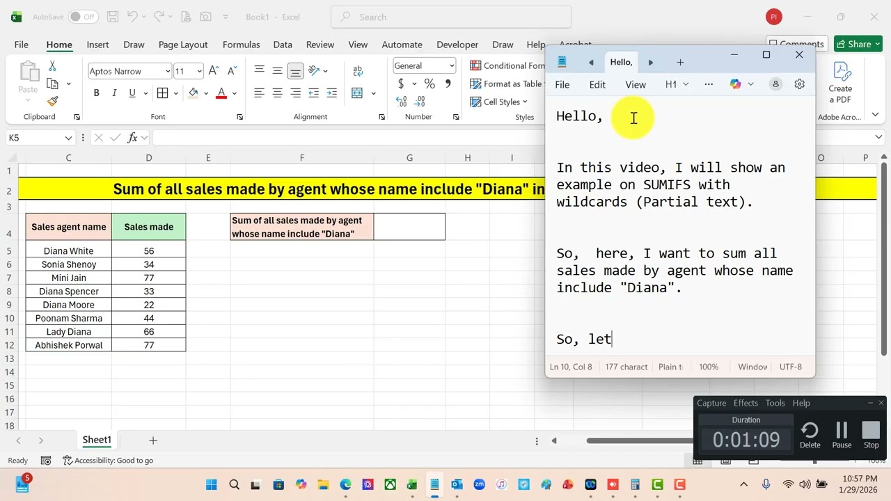 Sum of all sales made by agent whose name include "Diana" in Excel