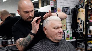 Classic Side Part Haircut on Silver-Haired Gentleman | ASMR Barber💈#asmr  #barber