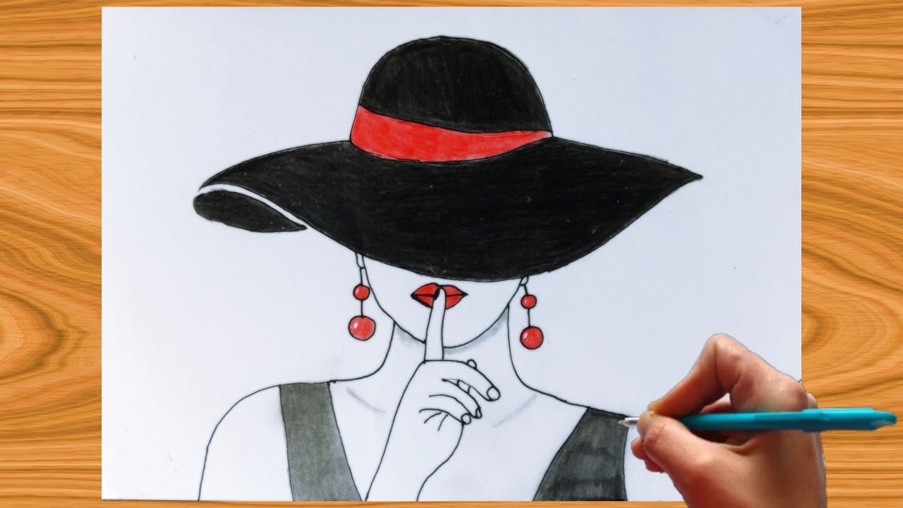 How to draw a Girl wearing big hat Drawing easy Pencil sketch for