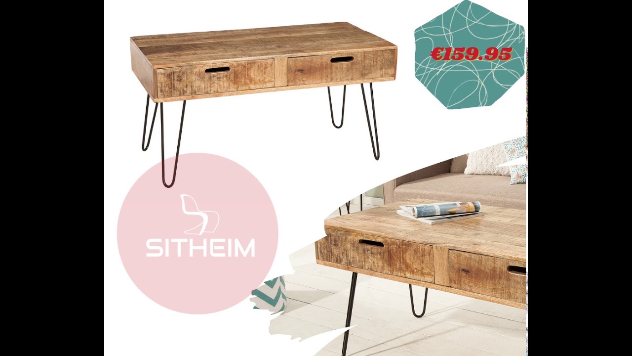 Retro coffee table SCORPION 100cm mango wood hairpin legs with drawers