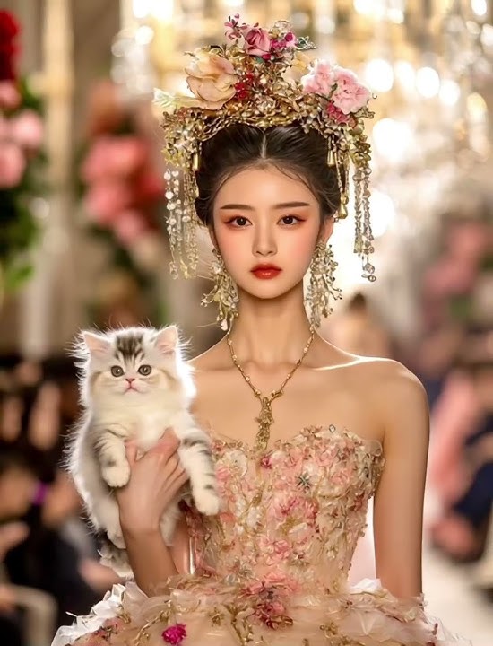 A catwalk show featuring a traditional Chinese-style beauty and a cat. #fashion #catwalktour #show