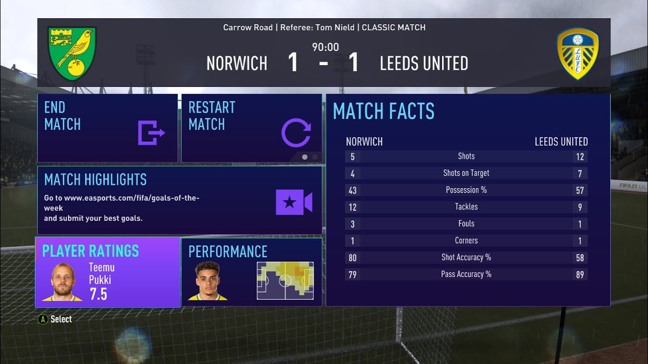 NORWICH CITY 1-1 LEEDS UNITED FIFA21-22PREMIERLEAGUESIMMATCH MATCHDAY 10 21-22
