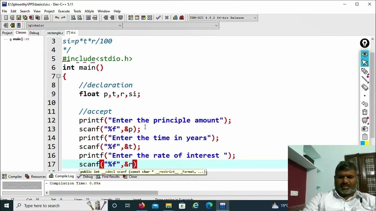 C2.4 program to find Simple Interest using C language | Beginners - YouTube