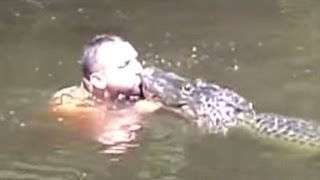 Man mouth-feeds marshmallows to gators