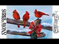 Cardinals on Fence in winter Red Bow Acrylic  painting step by step EASEL  | TheArtSherpa