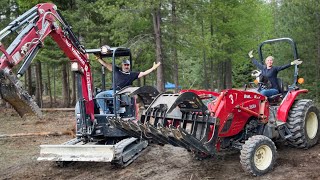 Excavator vs Tractor  Pulling Stumps for our Garden