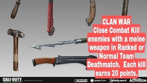 Close Combat Kill enemies with a melee weapon in Team Deathmatch.  Each kill earns 20 points.