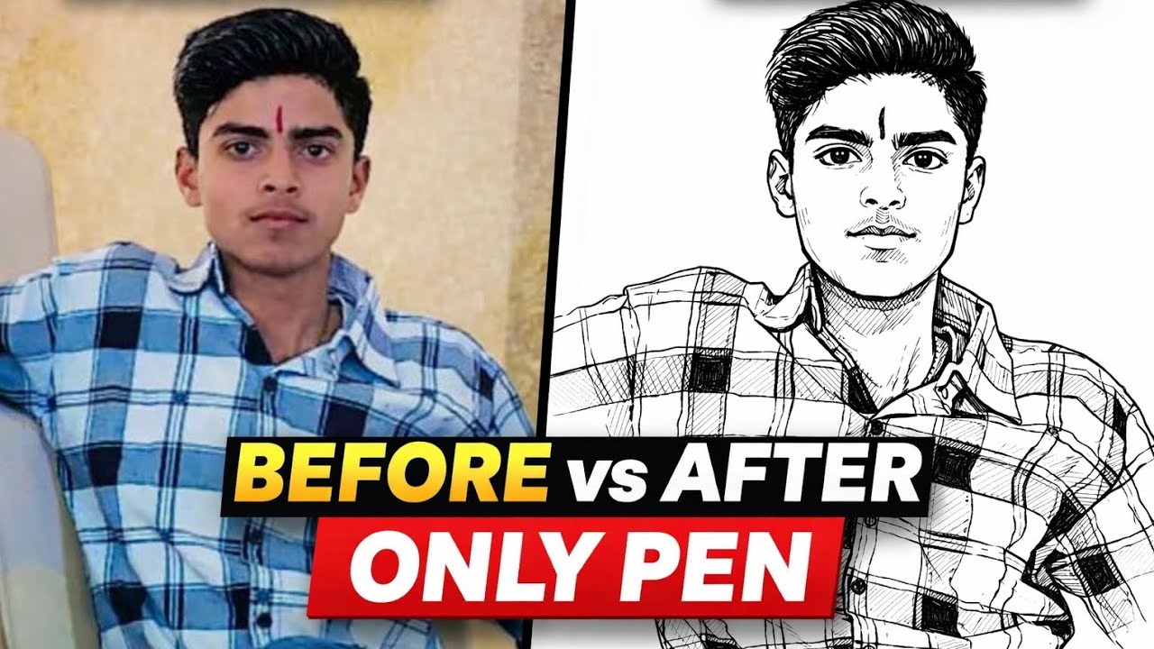 Before vs After Drawing Only Pen Art ✍️  Realistic Portrait Drawing vipin art line vipin art 