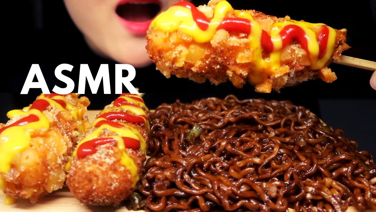 ASMR KOREAN MOZZARELLA CORN DOG BLACK BEAN NOODLES 명랑 핫도그