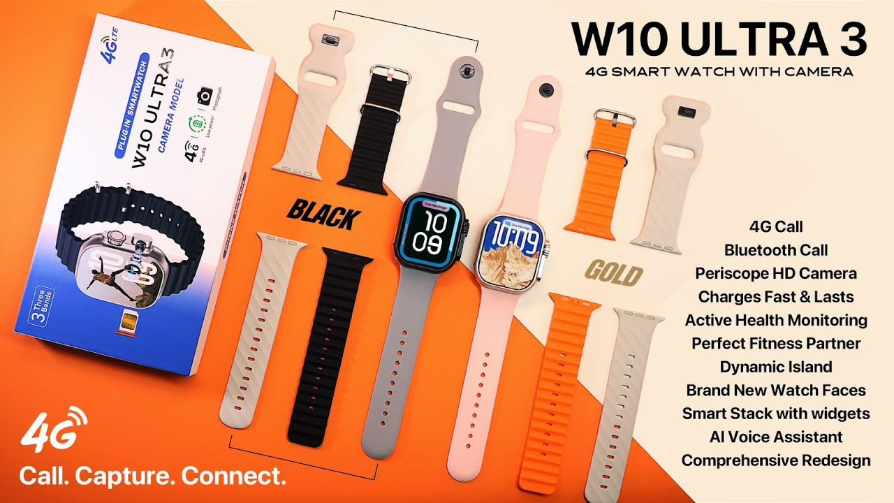 W10 ULTRA 3 SIM CARD4G SMART WATCH WITH CAMERA WITH THREE 3 STRAPS BANDS