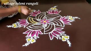 simple & easy lotus flower rangoli design with only 5*3 dots made easy to draw for everyone