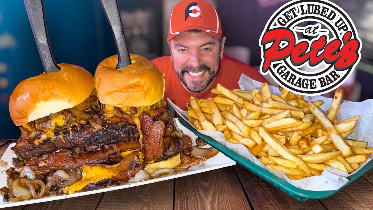 Pete's Prime Rib Quadruple Bacon Cheeseburger Challenge!! YouTube